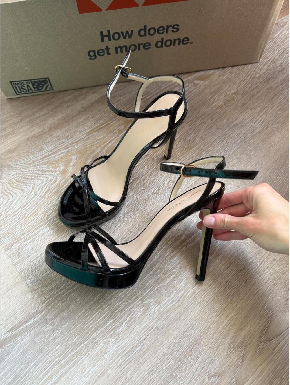 Stuart Weitzman black patent leather strappy heels